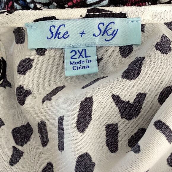 She + Sky Black White Tie Front Blouse Women’s 2XL Flutter Sleeve Plus - Picture 6 of 7